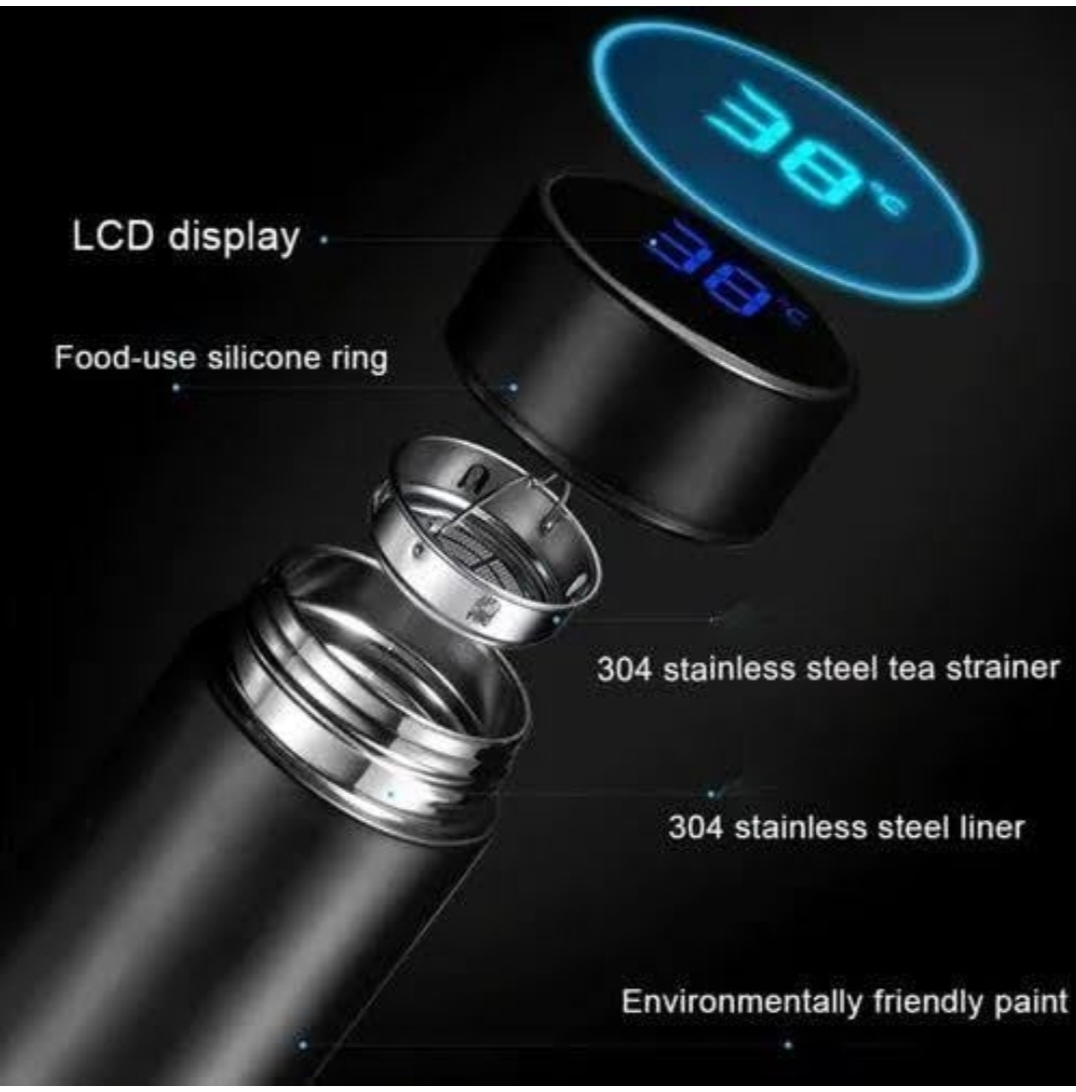 Smart LED Temperature Display Water Bottle (500ml) – Piller Stainless Steel, Double Wall Vacuum, Hot & Cold Insulated Flask – Pure Black