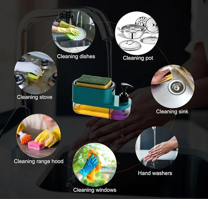 Insane 3 in 1 Soap Pump Dispenser Dish Soap Liquid Dispenser Sponge Holder Dish Soap Pump Dispenser for Kitchen Sink Countertop Kitchen Bathroom (Blue,Pack of 1)