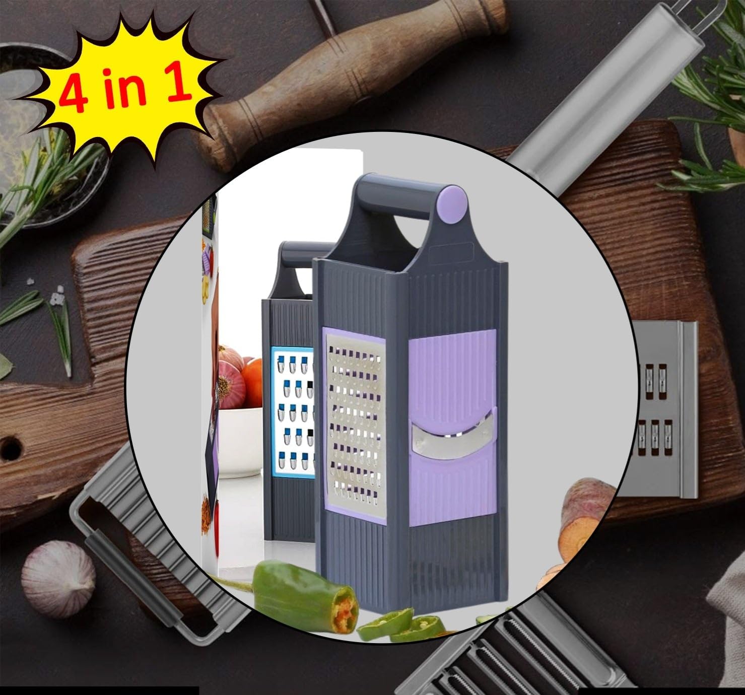 Insane Stainless Steel 4 in 1 Slicer and Grater Chopper Fruit Slicer Dicer Grater Potatoes Slicer Peeler Attach 4 Blades for Chips Vegetable & Fruit Cutter Slicer Vegetable Slicer for Kitchen ( MULTICOLOUR )