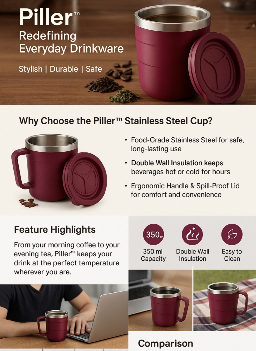 Piller™ Double Wall Stainless Steel Cup with Handle & Lid – 350ml Insulated Coffee/Tea Mug, Hot & Cold Travel Cup, Maroon