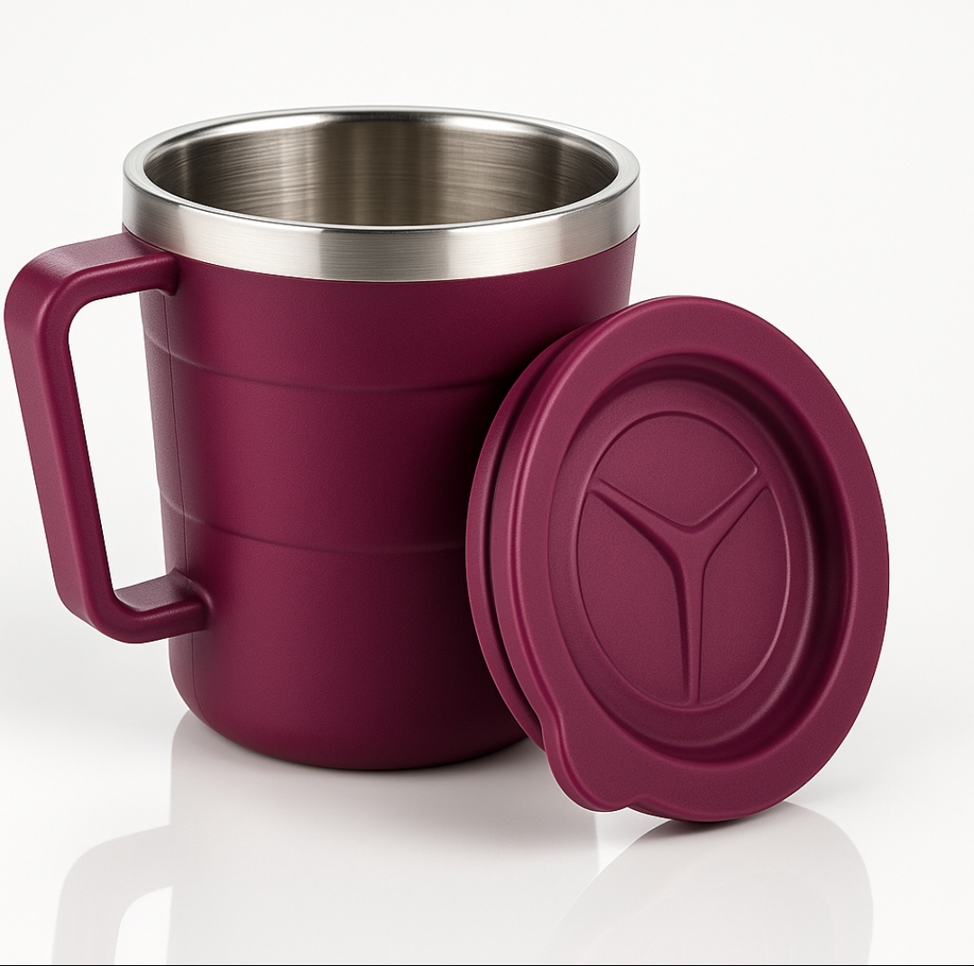 Piller™ Double Wall Stainless Steel Cup with Handle & Lid – 350ml Insulated Coffee/Tea Mug, Hot & Cold Travel Cup, Maroon