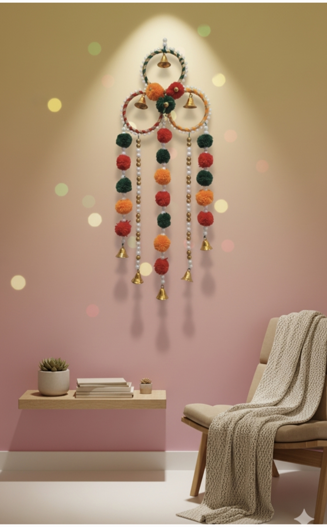 Handmade Decorative Wall Hanging Jhoomer with Pompoms, Beads & Bells for Home Décor & Festivals