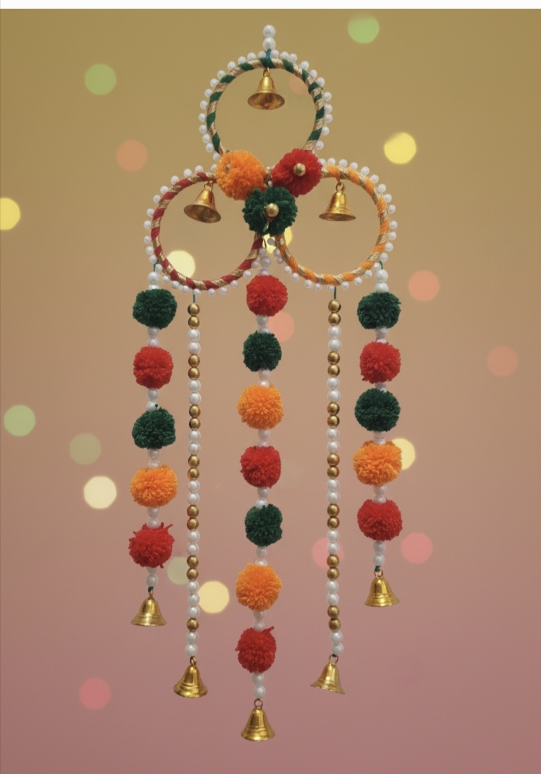 Handmade Decorative Wall Hanging Jhoomer with Pompoms, Beads & Bells for Home Décor & Festivals