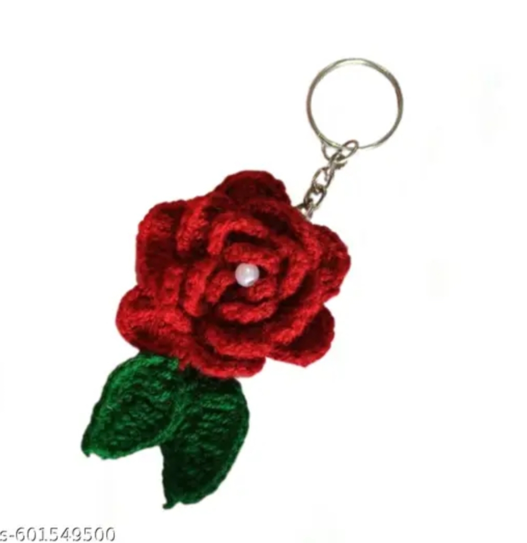 हैंडमेड ऊनी रोज फ्लावर कीचेन | Woolen Rose Keychain for Girls & Gifts | Cute Red Flower Keychain for Purse, Bike & Car