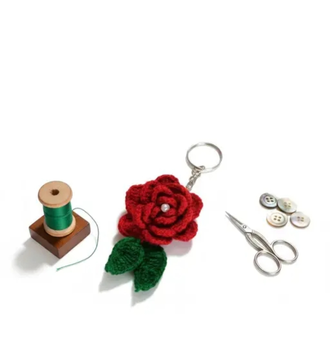 हैंडमेड ऊनी रोज फ्लावर कीचेन | Woolen Rose Keychain for Girls & Gifts | Cute Red Flower Keychain for Purse, Bike & Car