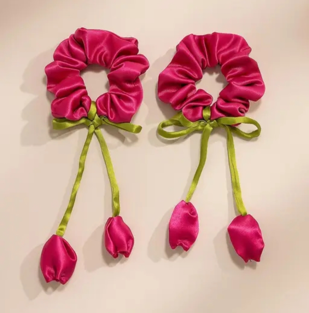 Giftora Satin rose Flower Hair Scrunchies for Women & Girls | Stylish Hanging Petal Design | Soft & Gentle Satin Rubber Band for Ponytail, Party & Daily Use (Set of 2 – Pink)