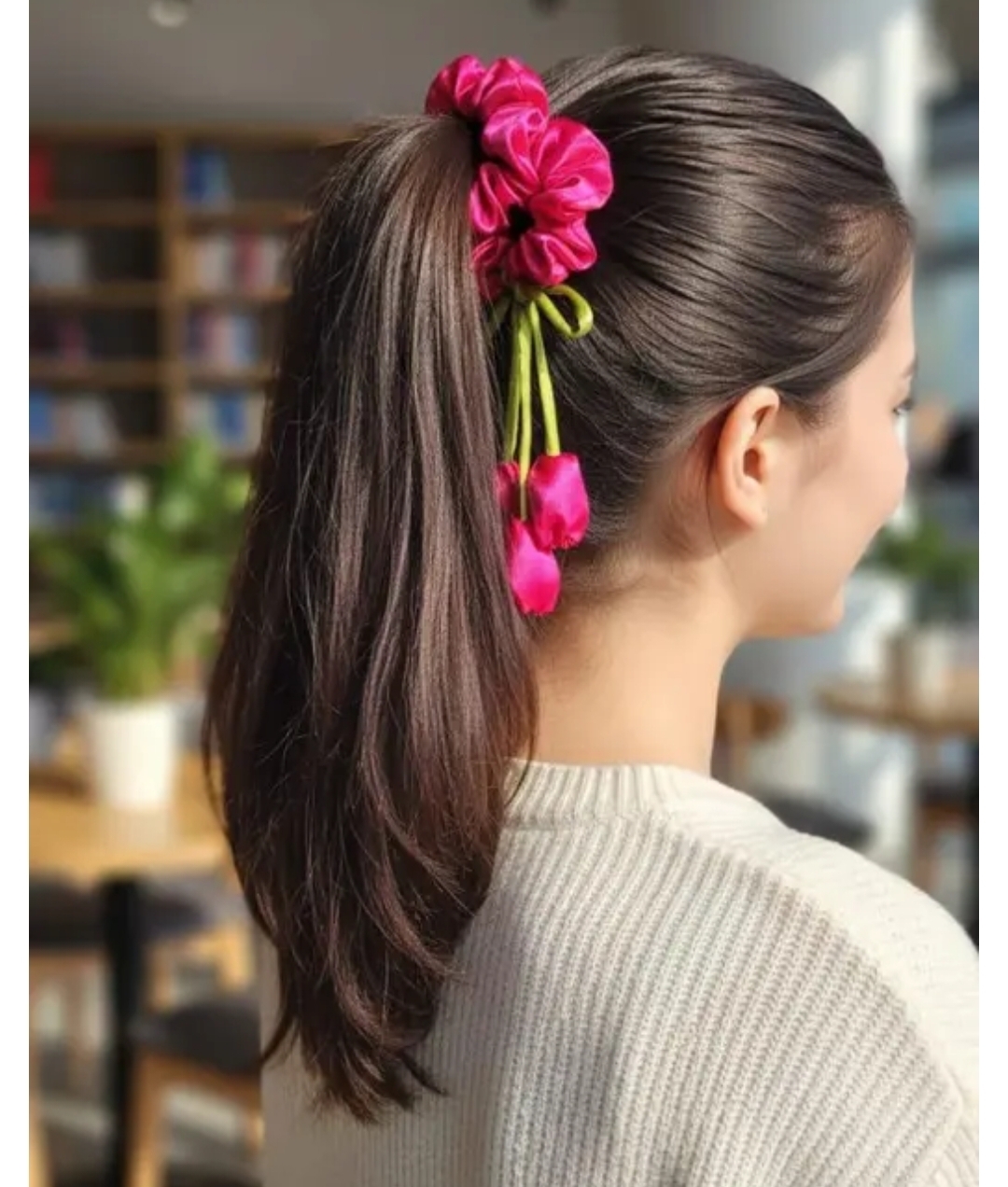 Giftora Satin rose Flower Hair Scrunchies for Women & Girls | Stylish Hanging Petal Design | Soft & Gentle Satin Rubber Band for Ponytail, Party & Daily Use (Set of 2 – Pink)