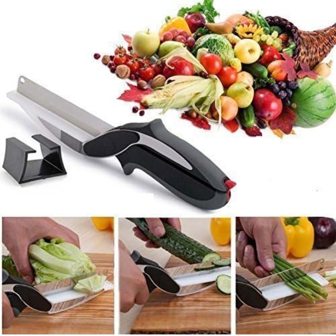 Clever Cutter 2 in 1 Food Chopper Vegetable & Fruit Cutter/Kitchen Scissors/Knife/Chopping/Cutting Board)