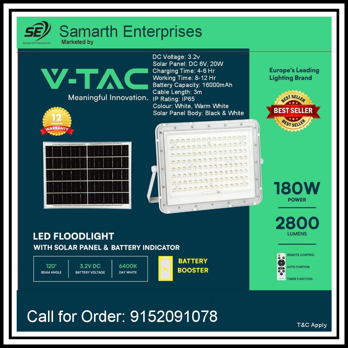 V-TAC Solar LED Flood Light - 180 Watt