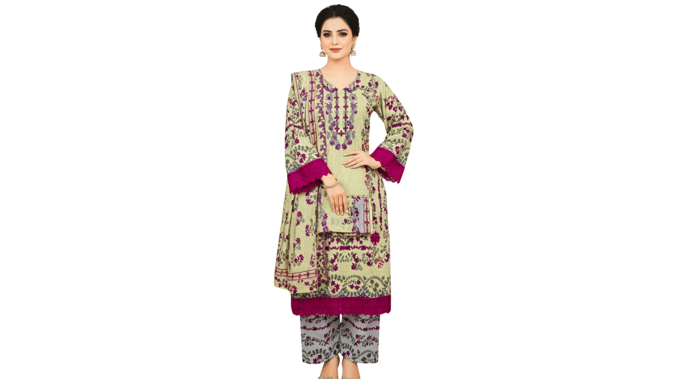 Sage Green Printed Kurti Set with Magenta Accents
