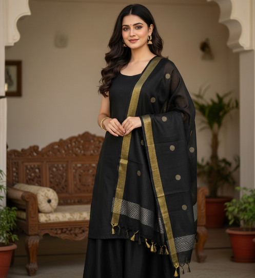 Elegant Silk Dupatta – Royal Black Woven Silk Dupatta with Golden Border