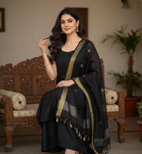 Elegant Silk Dupatta – Royal Black Woven Silk Dupatta with Golden Border