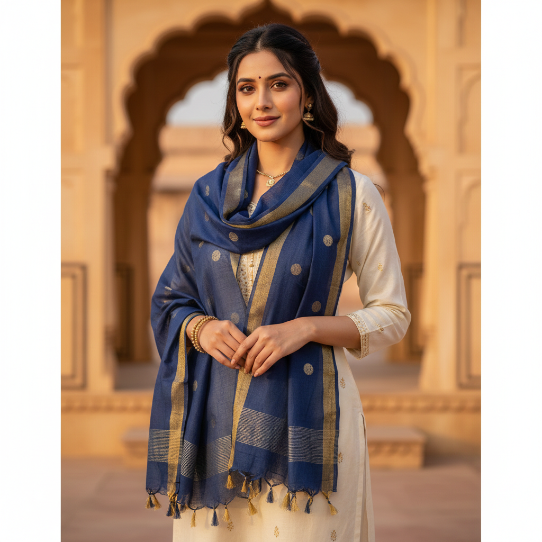 Elegant Silk Dupatta – Royal Blue Woven Silk Dupatta with Golden Border