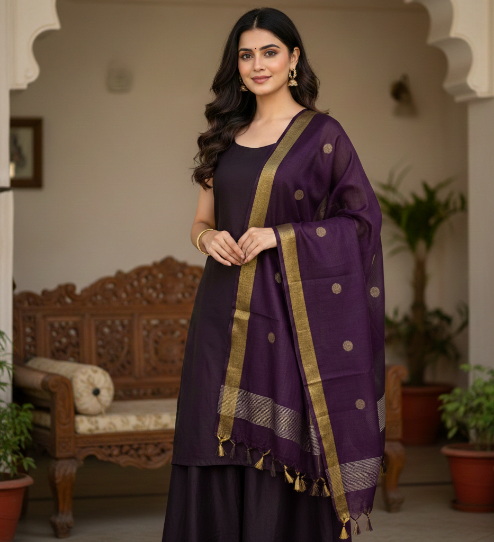 Premium Bhagalpuri Silk Dupatta with Golden Zari Border – Elegant Ethnic Collection