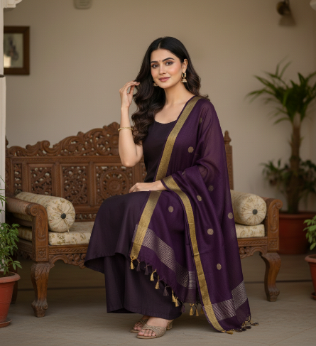 Premium Bhagalpuri Silk Dupatta with Golden Zari Border – Elegant Ethnic Collection