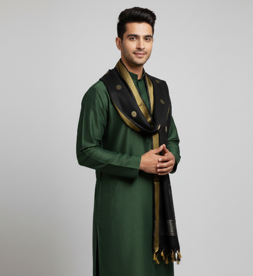 The Massive Shop Premium Men’s Emerald Green Kurta Fabric with Designer Black & Gold Dupatta | Festive Ethnic Wear Collection