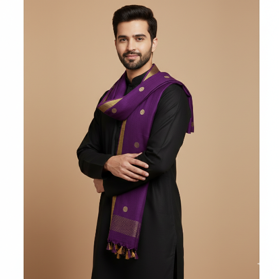 The Massive Shop Premium Men’s Emerald Black Kurta Fabric with Designer Purple & Gold Dupatta | Festive Ethnic Wear Collection
