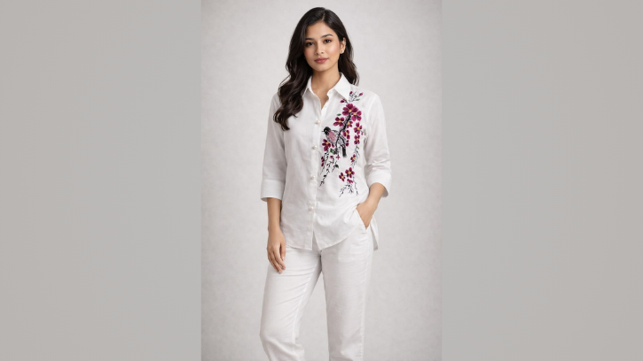 Women’s Floral Hand Print with hand Embroidered Cotton Linen Shirt & Pant Co-Ord Set   ( a-511 )(White)