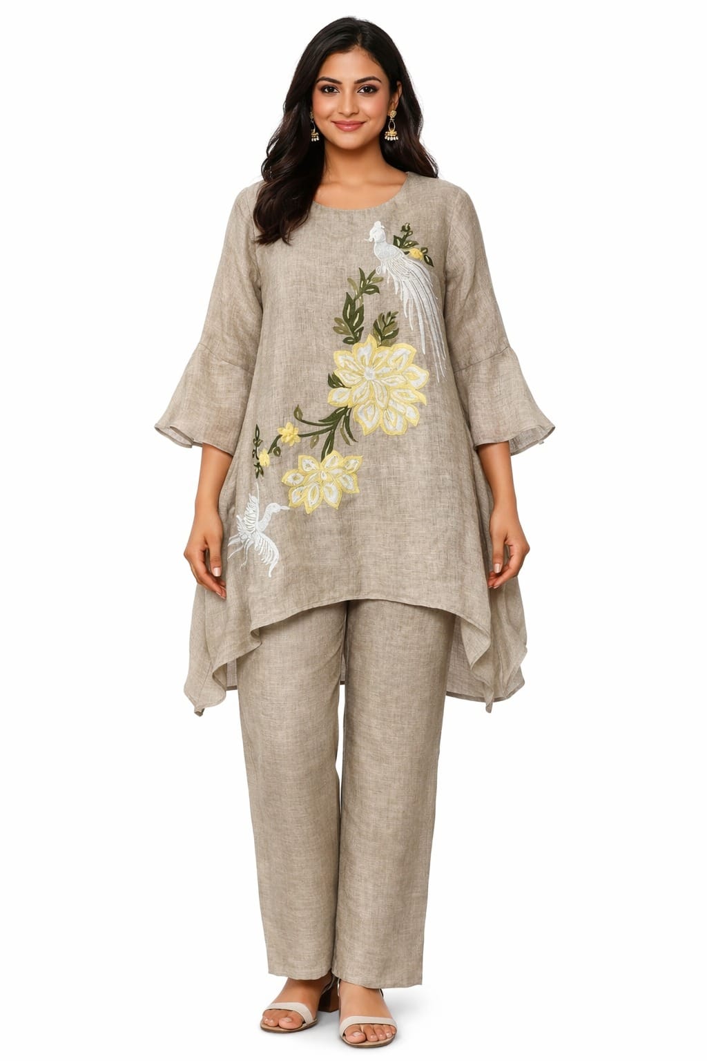 Women’s Linen Embroidered Kurta Set with Pants –   ( a-510) (Beige)