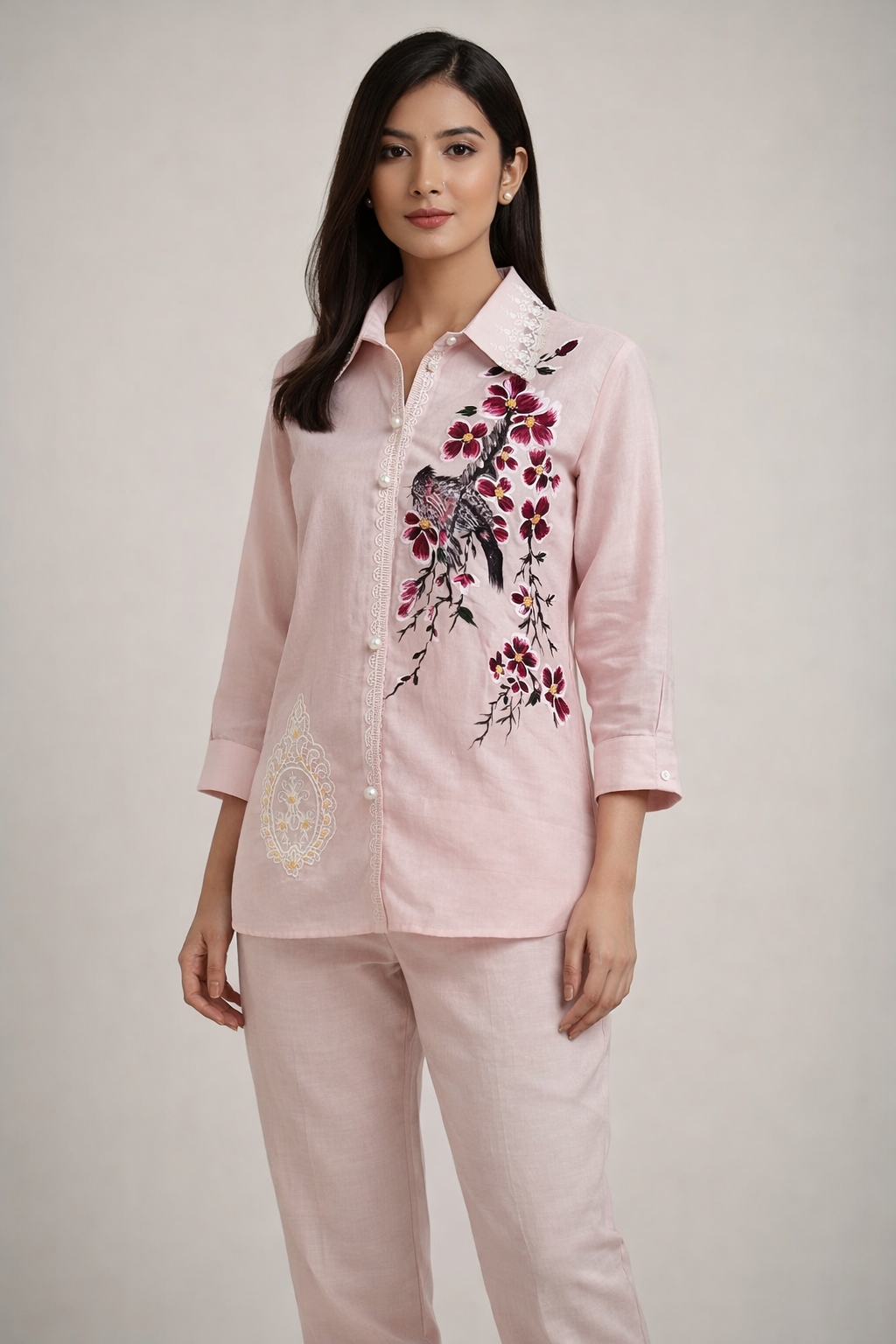 Women’s Cotton Linen Floral Hand Print and Emberoided Shirt with Pant Co-Ord Set   ( a-508 ) (light pink)