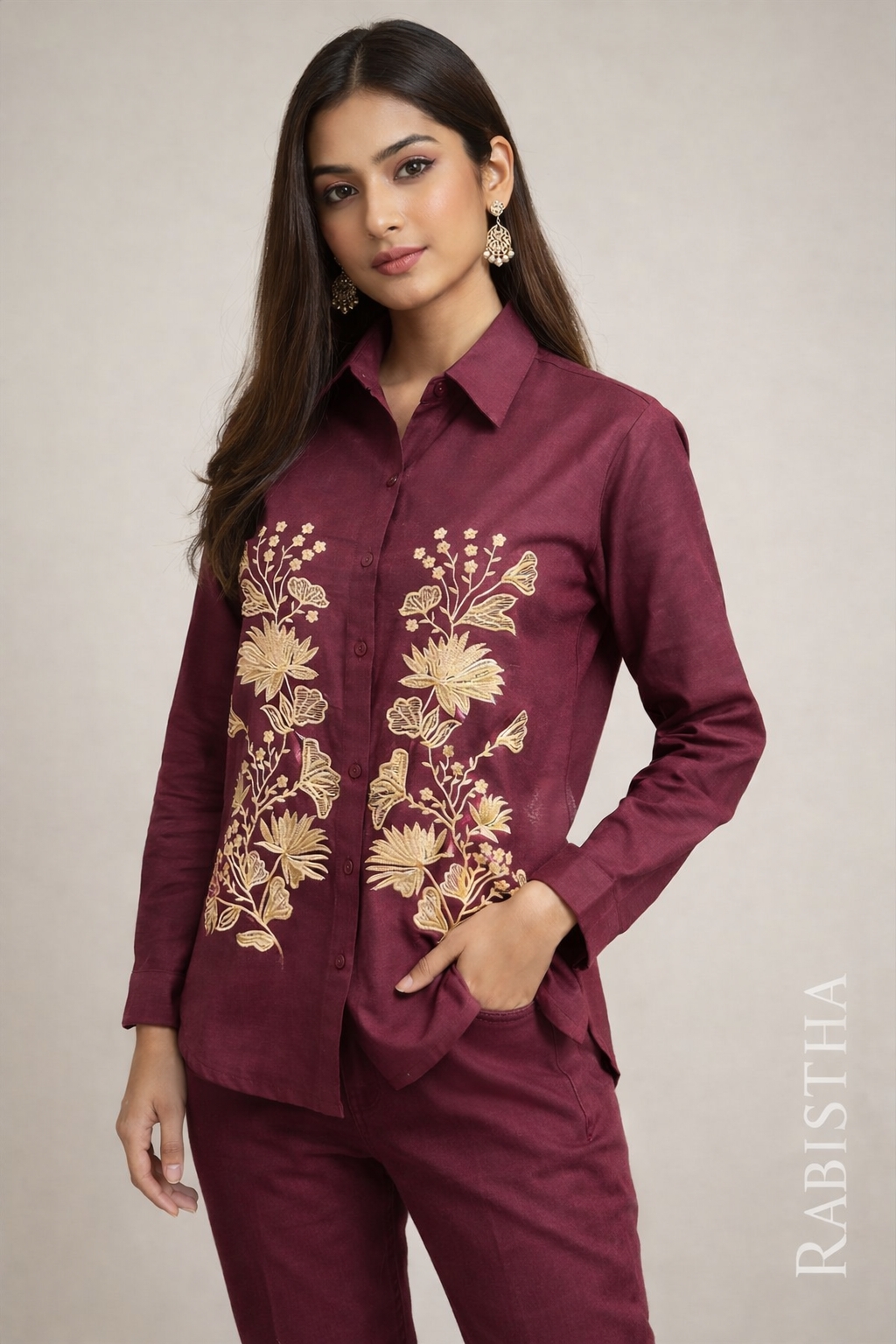 Women’s Cotton Linen Embroidery With hand works Kurta Set with Pants  ( a-506 ) ( green+ beige )