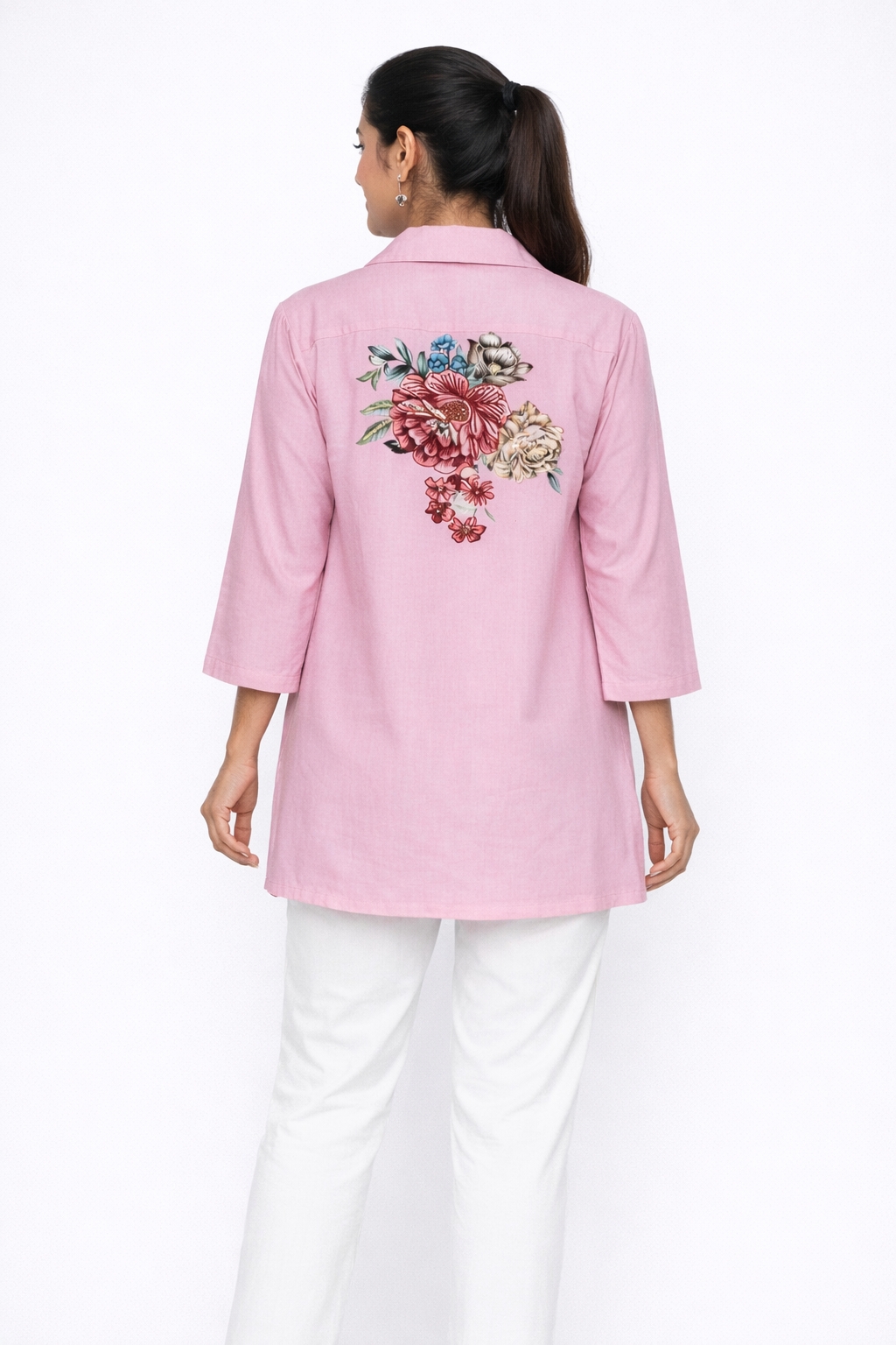 Women’s Cotton Linen Embroidery With Digital Print and hand works Kurta Set with Pants  ( a-506 ) (pink+white  )