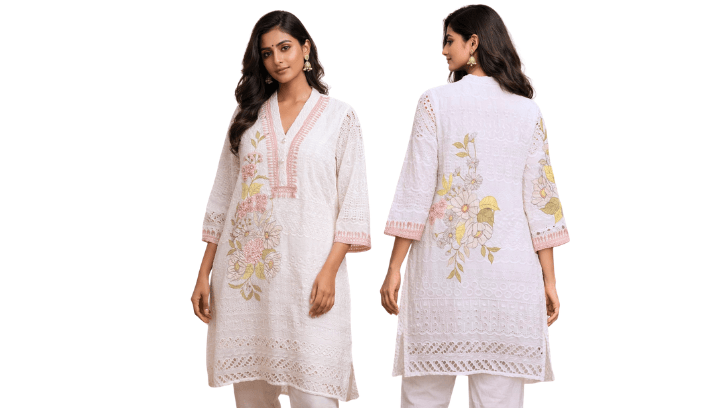 Ivory Bloom Embroidered Cotton Kurti ( a-505 )