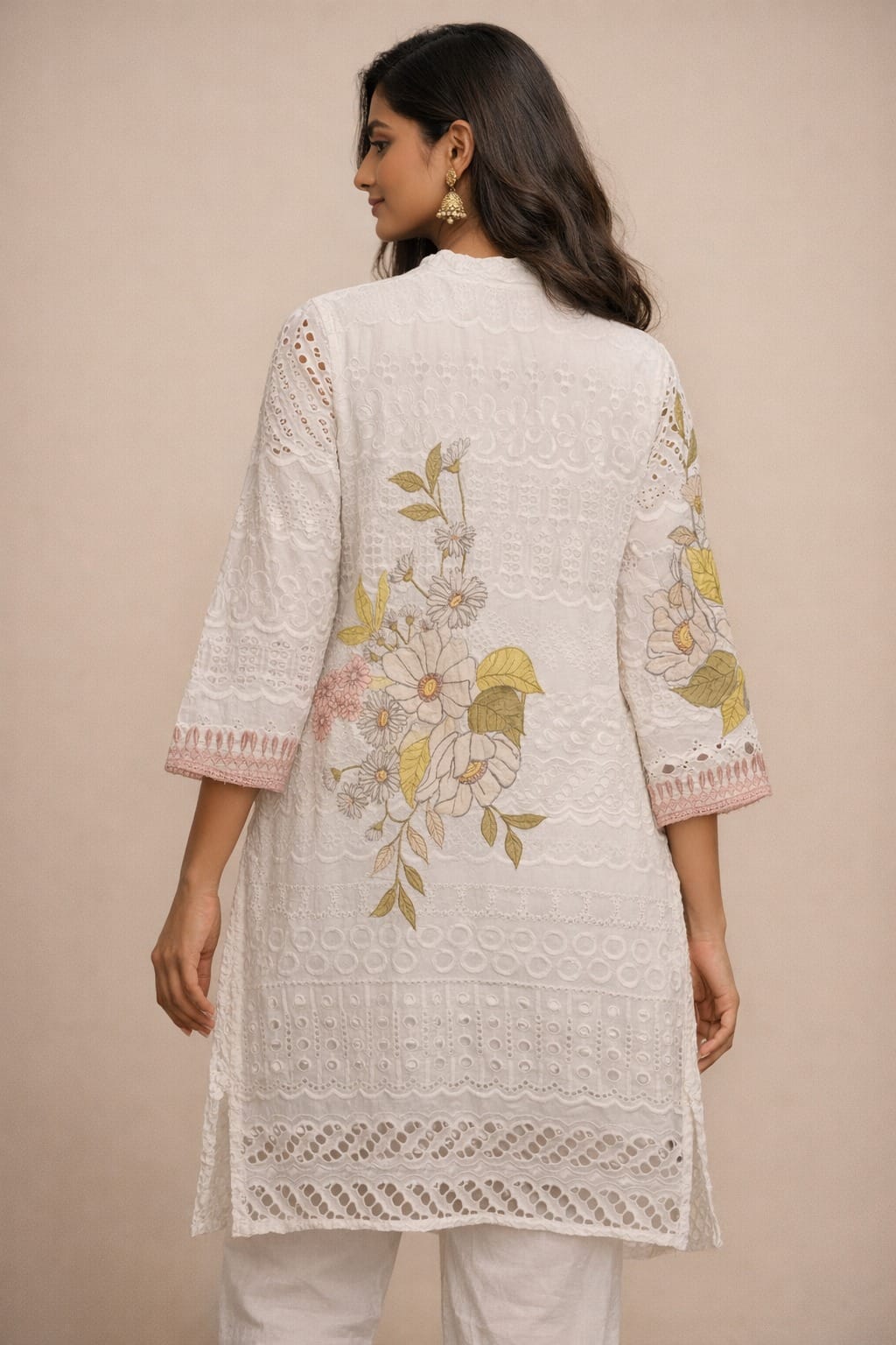Ivory Bloom Embroidered Cotton Kurti ( a-505 )