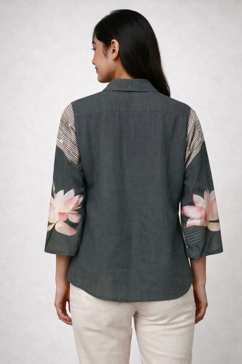 Midnight Lotus Printed Shirt Top( a-503 ) ( deep charcoal grey )
