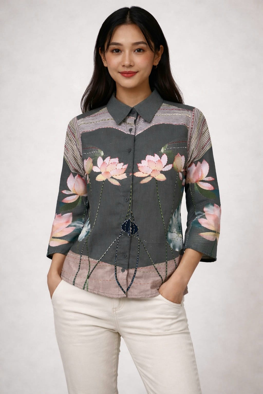 Midnight Lotus Printed Shirt Top( a-503 ) ( deep charcoal grey )