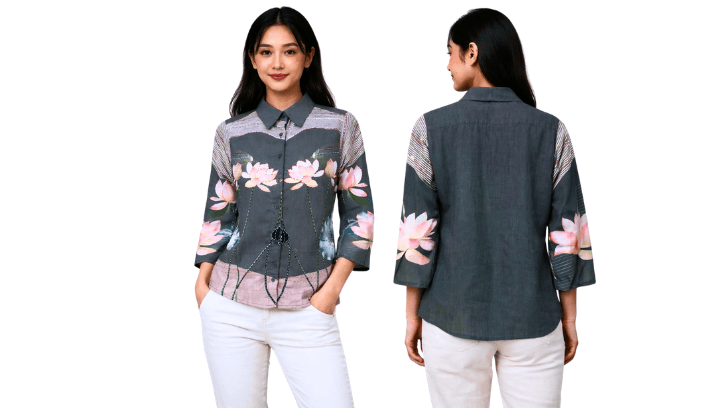 Midnight Lotus Printed Shirt Top( a-503 ) ( deep charcoal grey )