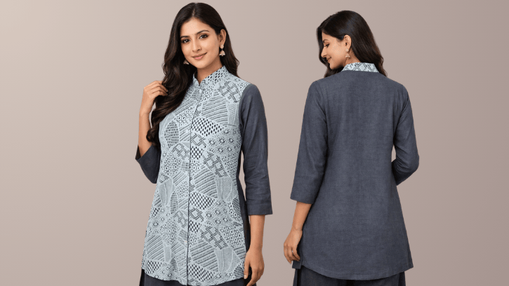Slate Grace Printed Panel Kurti( a-501) ( charcoal black )