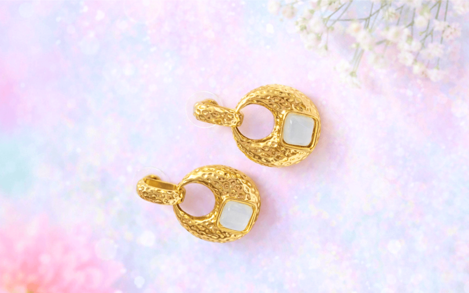 Gold Plated Textured Hoop Earrings with Stone