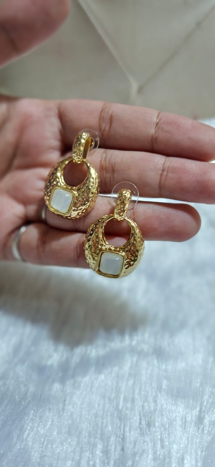 Gold Plated Textured Hoop Earrings with Stone