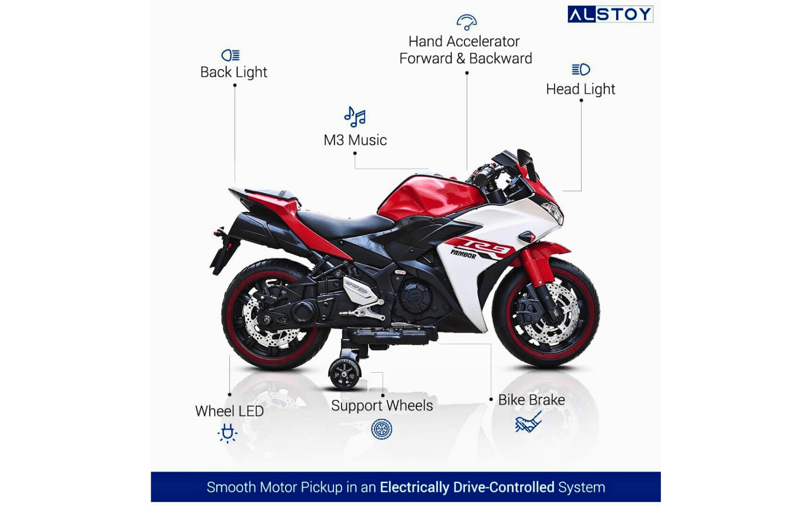 ALSTOY R6 Kids Electric Ride-On Sports Bike with LED Lights & Training Wheels