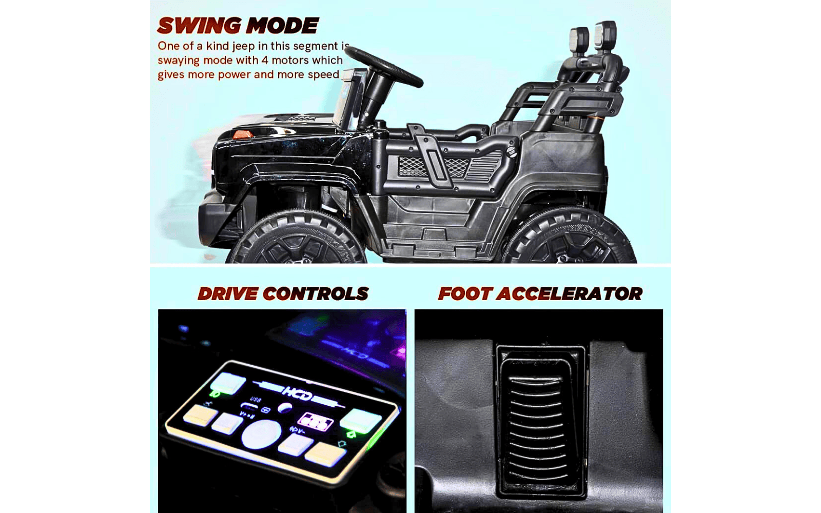 Kids 4x4 Electric Ride-On Jeep Car with LED Lights, Music System & Swing Mode