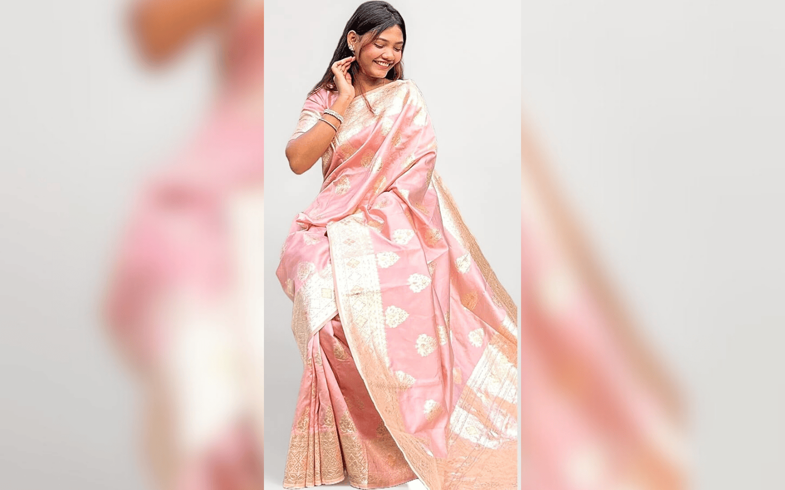 Light Pink Soft Silk Saree with Golden Weaving | Party Wear Designer Saree