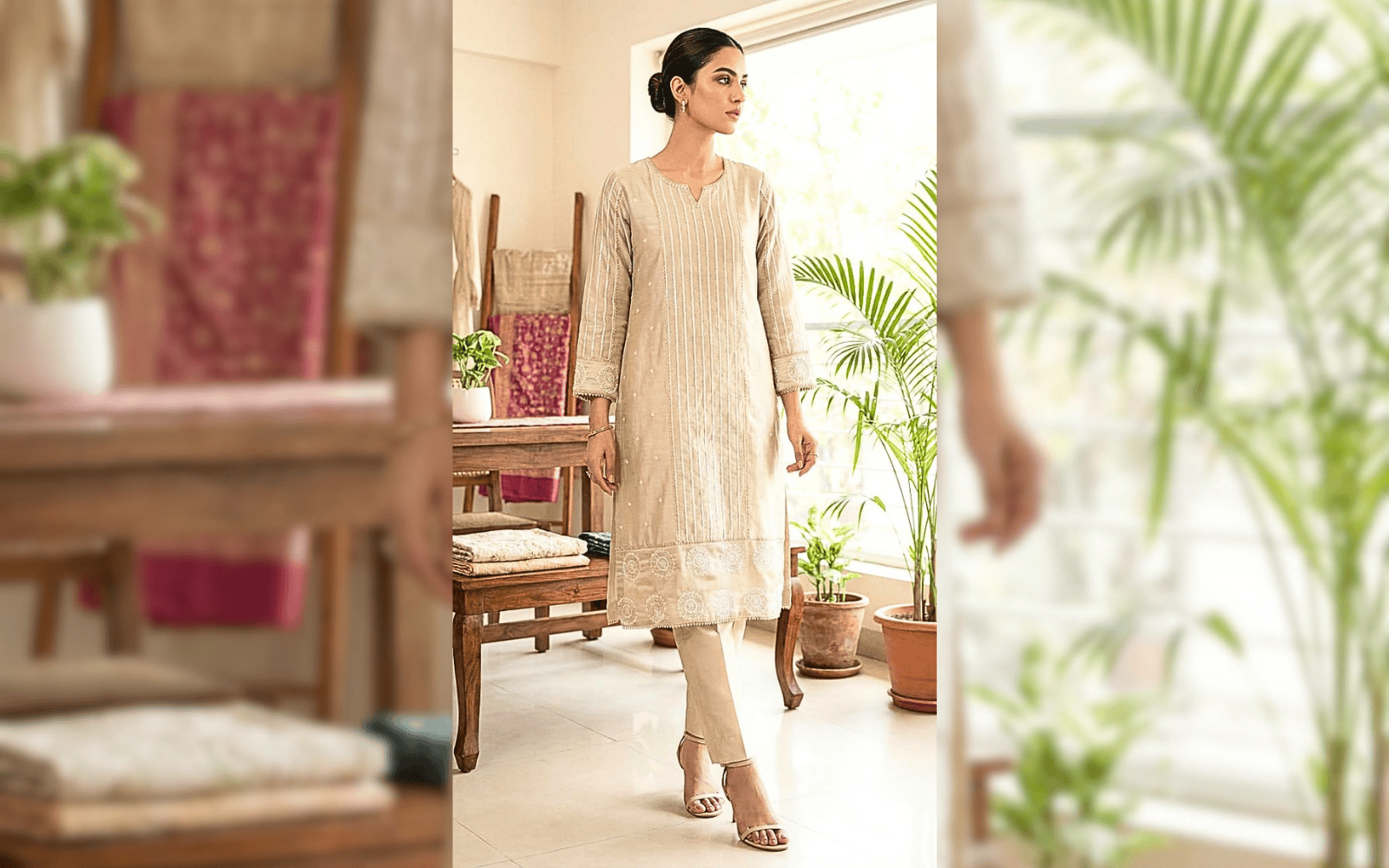 Women’s Elegant Beige Embroidered Kurta Pant Set | Ethnic Wear for Daily & Festive Use