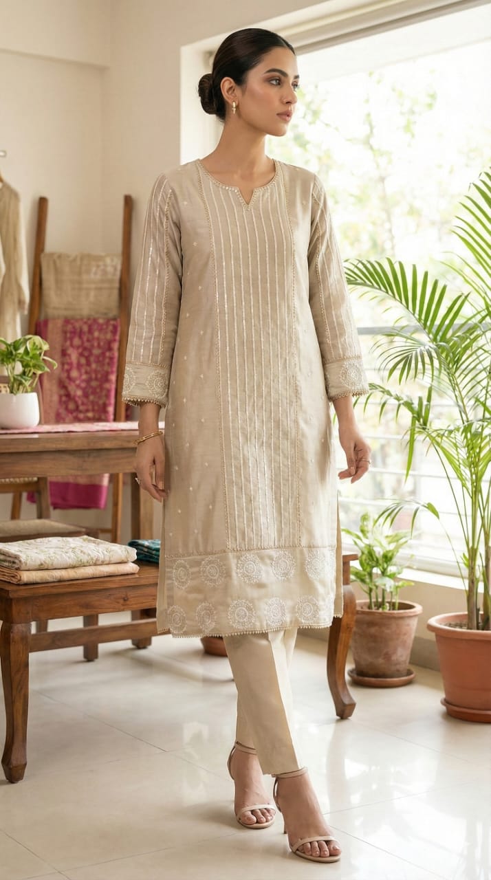 Women’s Elegant Beige Embroidered Kurta Pant Set | Ethnic Wear for Daily & Festive Use