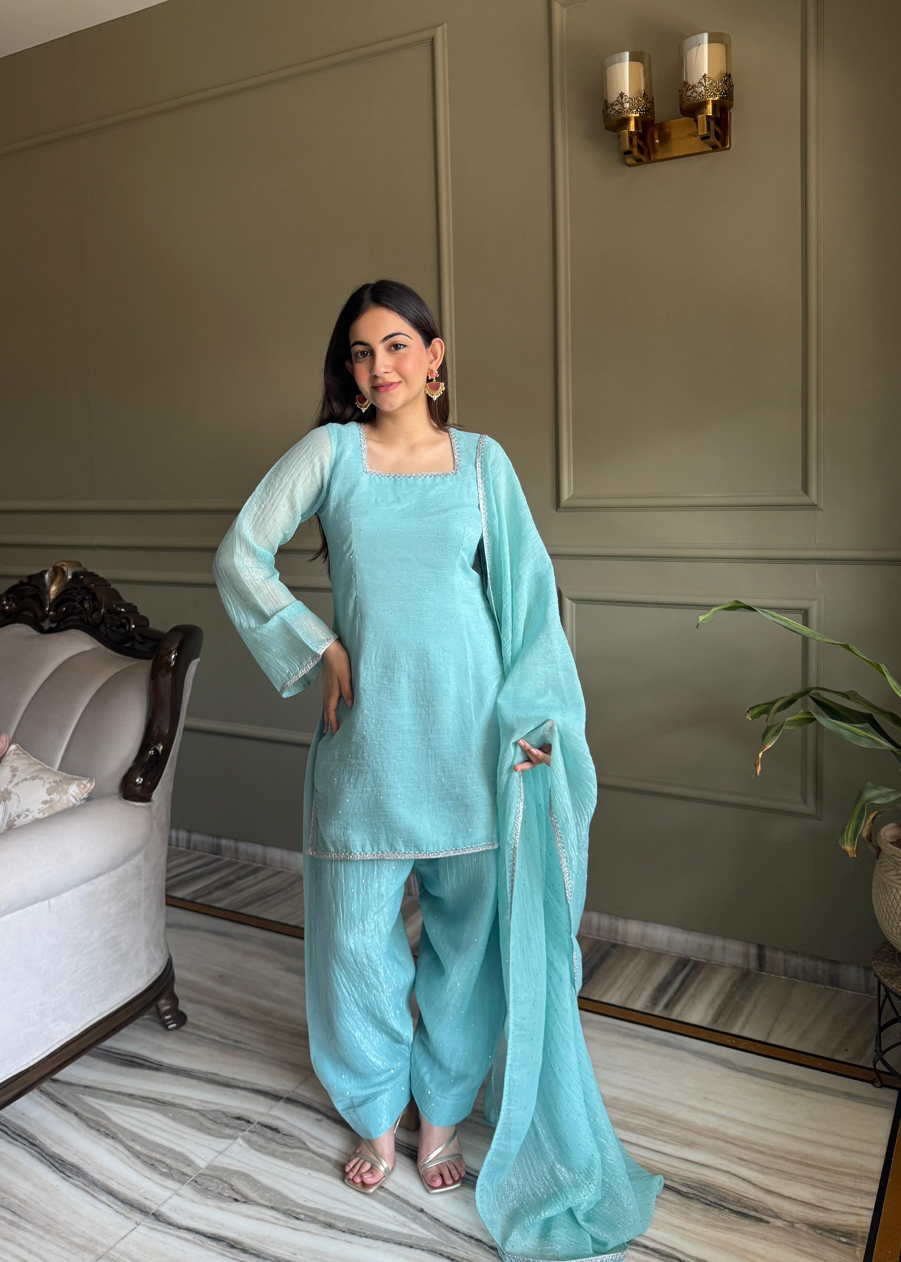 Women’s Sky Blue Kurta Pant Dupatta Set | Elegant Ethnic Wear for Festive & Party