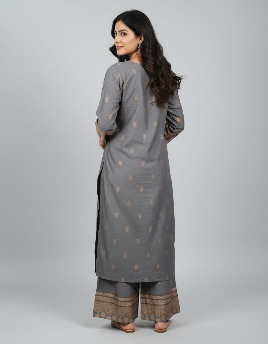 Women’s Grey Ethnic Motif Kurta Pant Set | Traditional Stylish Wear
