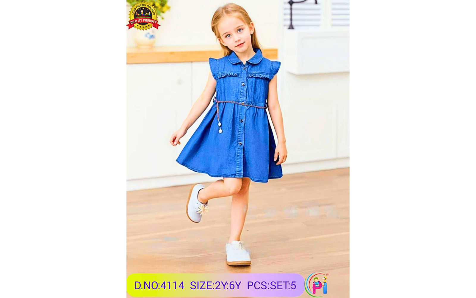 Girls Denim Dress with Belt | Stylish Casual Frock for Kids (2–6 Years)