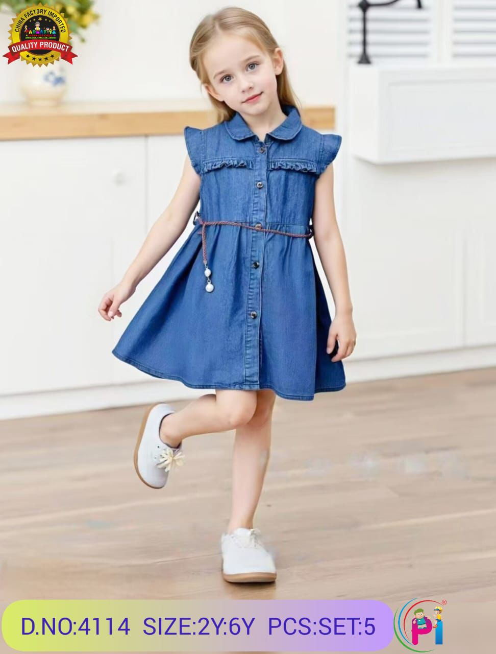 Girls Denim Dress with Belt | Stylish Casual Frock for Kids (2–6 Years)
