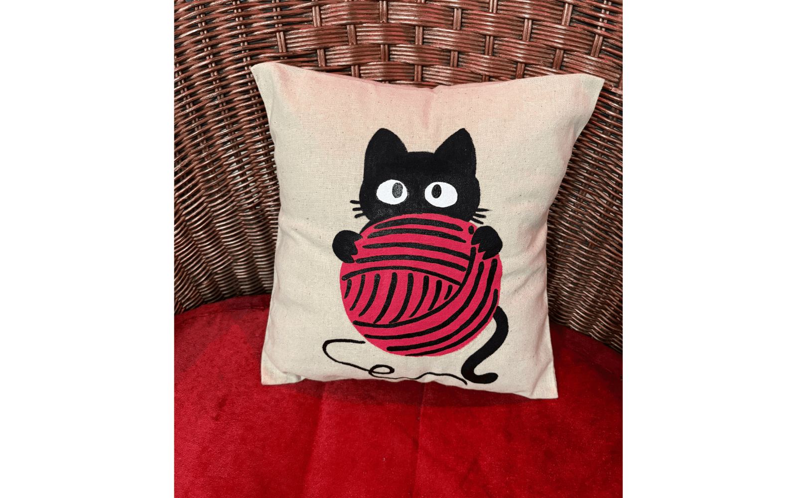 Cute Cat with Yarn Cushion Cover – 10x10 Inch Decorative Pillow