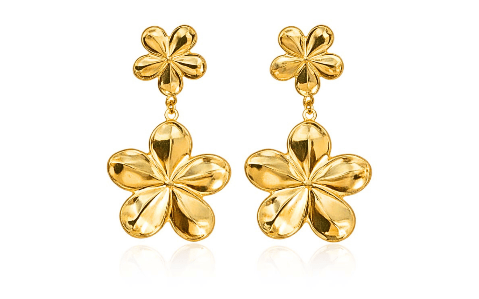 Stainless Steel Gold Plated Floral Drop Earrings | Double Flower Design