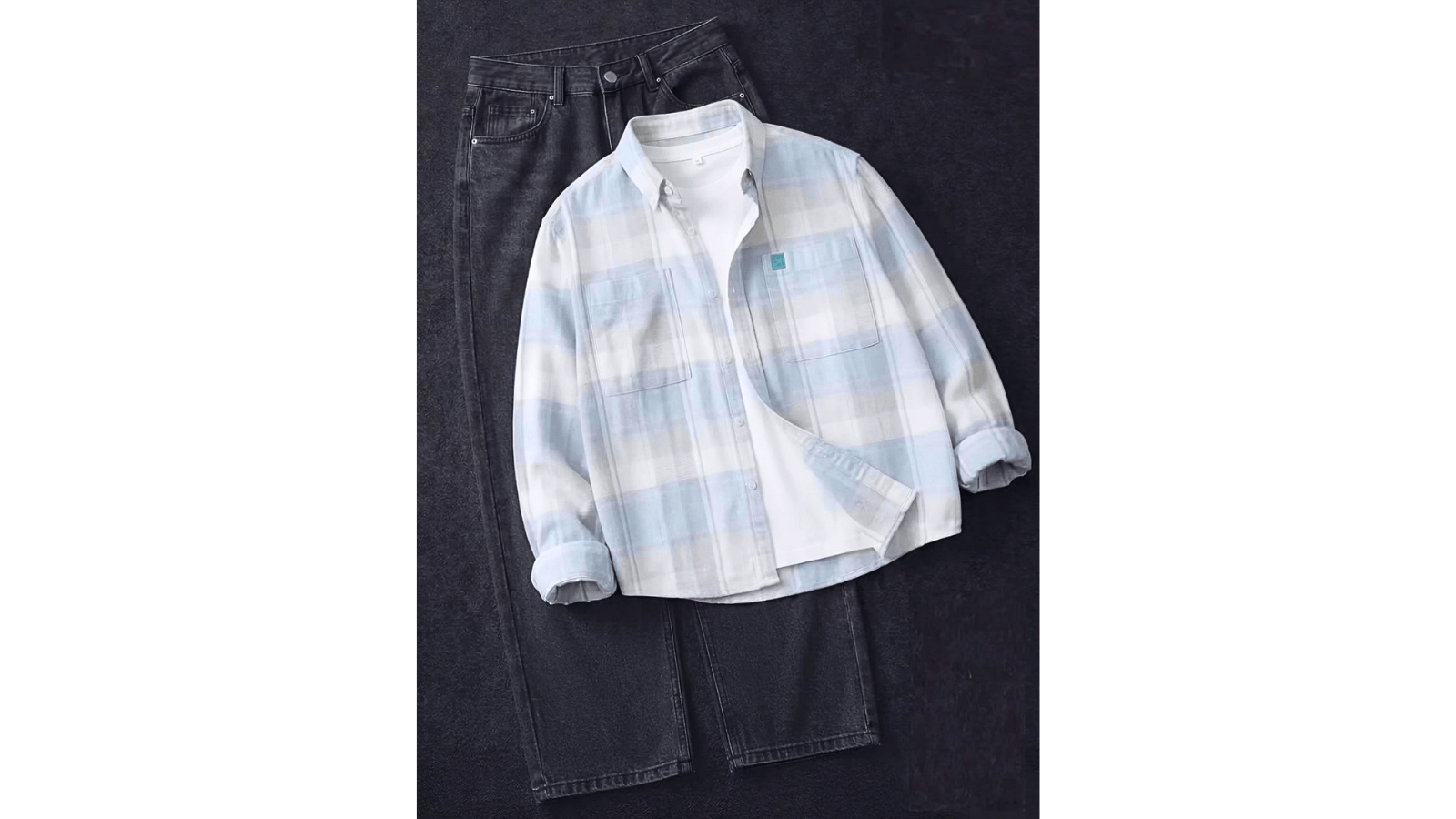 Men’s Light Blue Checked Shirt with Black Denim Jeans Combo