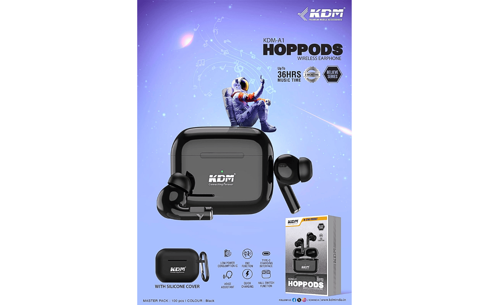 KDM A1 HopPods Wireless Earbuds (36H Playtime | ENC | Type-C Charging)