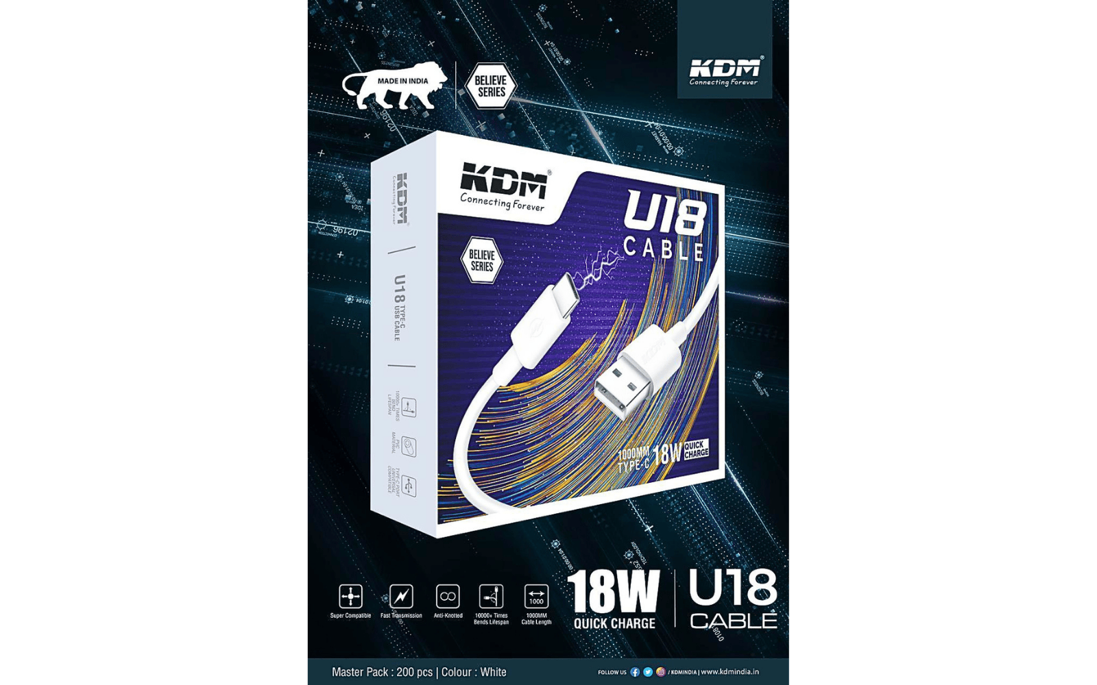 KDM U18 Type-C Fast Charging Cable (18W | 1000mm) – Believe Series