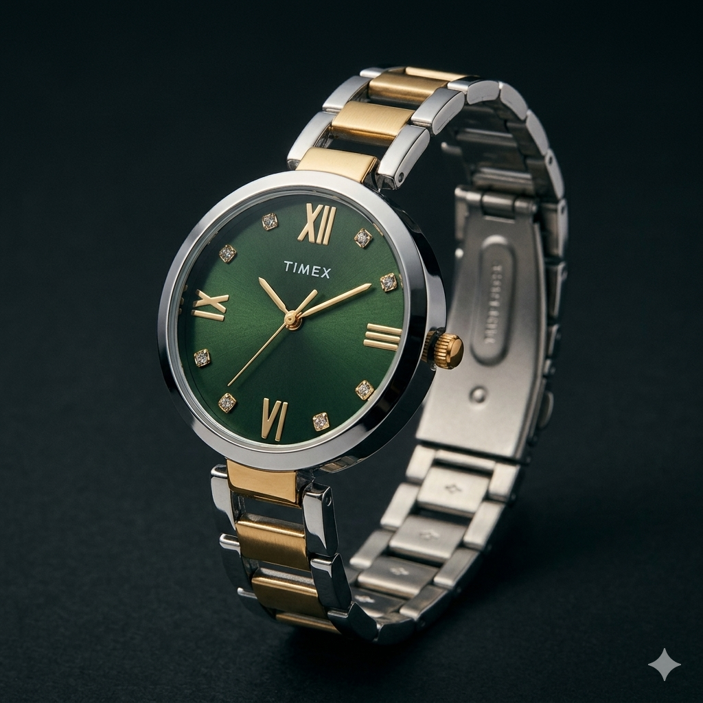 Timex Two-Tone Watch with Emerald Green Dial"