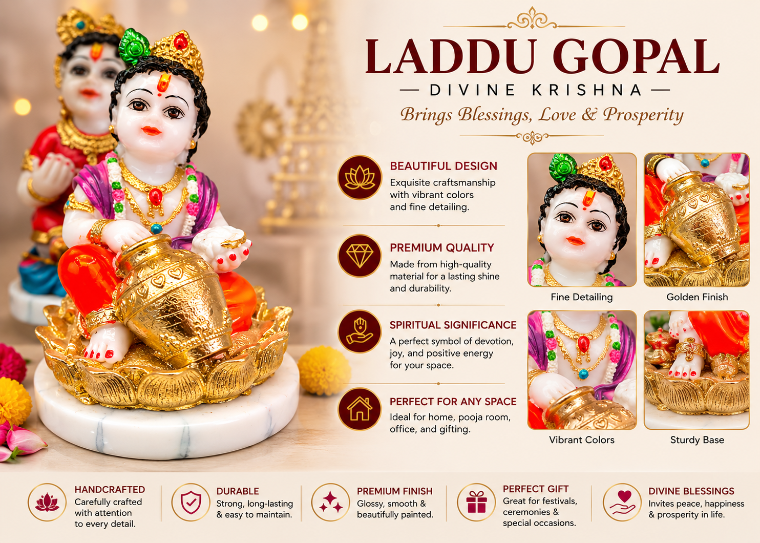 Decorative Laddu Gopal Krishna Idol for Home Temple Gifting